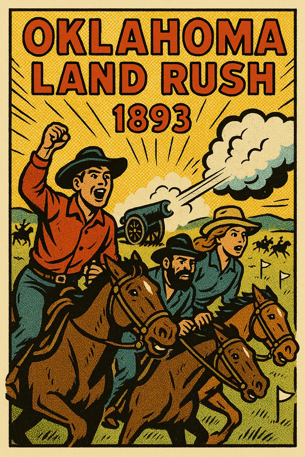 A poster advertising the 1893 Oklahoma Land Rush with an image of excited American settlers on horse back waiting at a start line on the grasslands of the American West.  There is an US Army canon booming in the background and white flags stuck in the ground marking out plots of land emoji