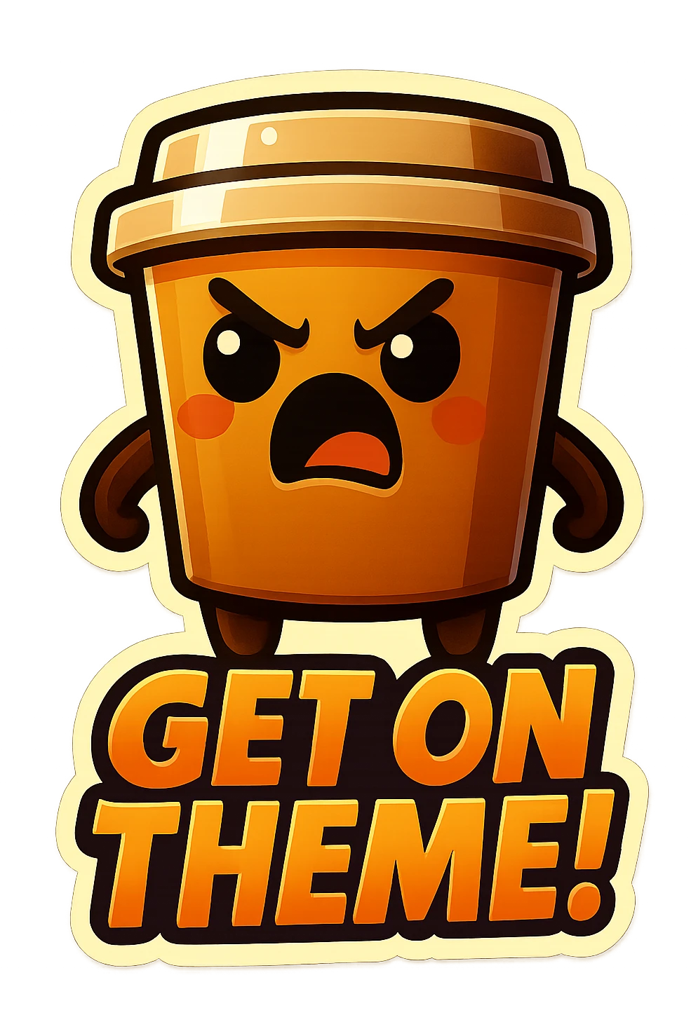 Tall coffee cup, eyebrow furrow, yelling "GET ON THEME!" emoji