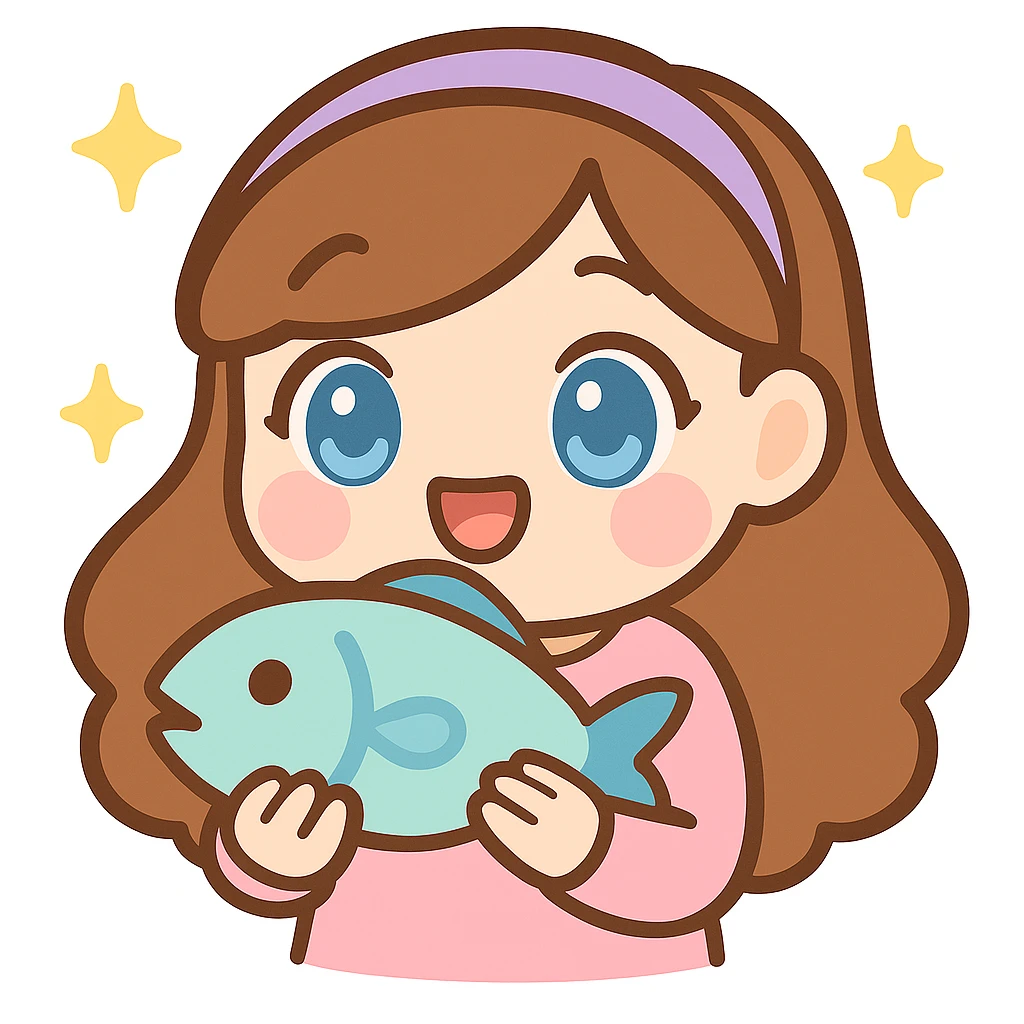 Make the girl more chibi style, give her blue eyes, and make her look slightly older (not too young), keep her holding a fish, digital art, kawaii style, twitch emote. emoji