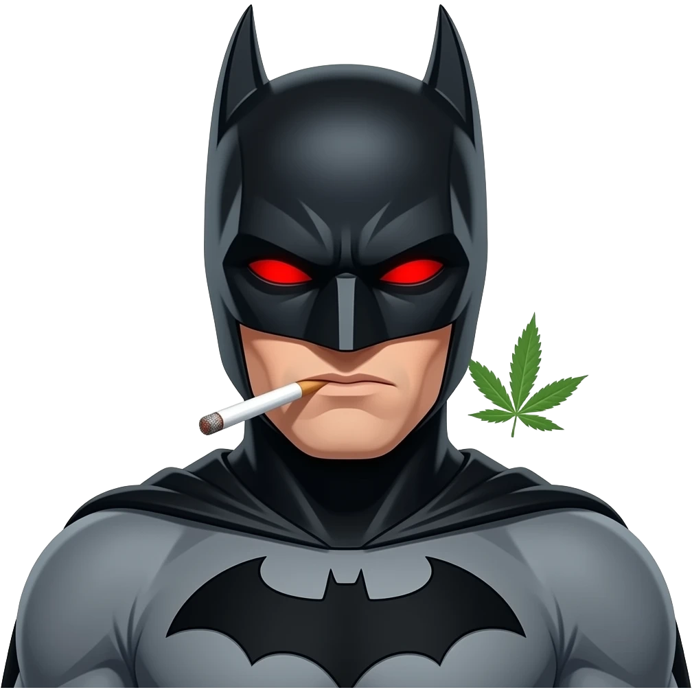 Згенеруй бетмена який курить травичку і внього червоні очі emoji