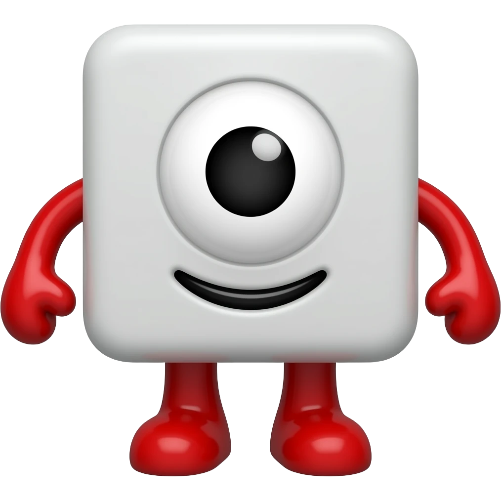 Red block with red feet, red arms and a circular cute eye with a big smile emoji