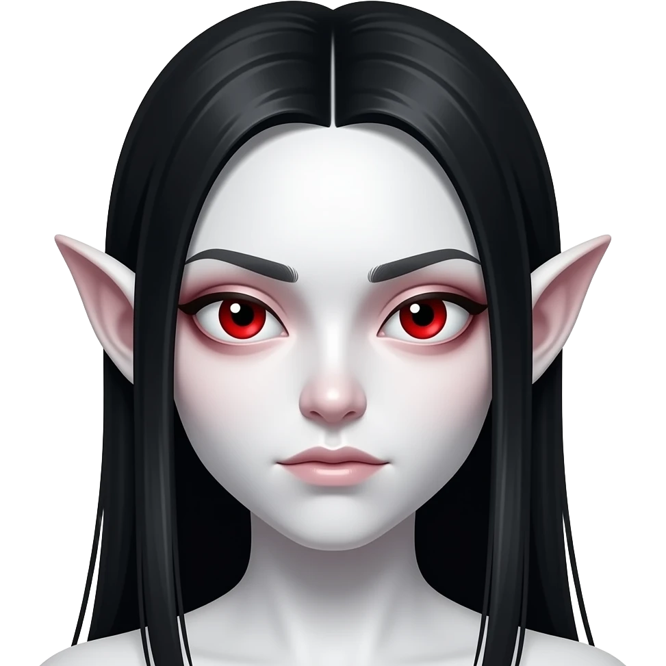 사악한  흰 피부. 붉은 동공. 살색 커다란 귀. 큰 눈. 창백한. 붉은 눈. 붉은 홍조. 사악한 검정 머리.무표정. 가르마 긴 생머리. emoji
