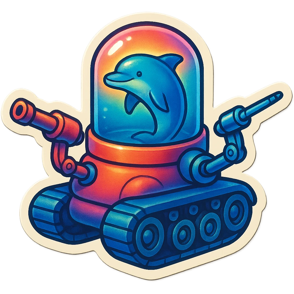 dolphin in a water tank mounted on tank treads, robotic arms extend from the tank with ranged weapons, retro sticker style, no border emoji