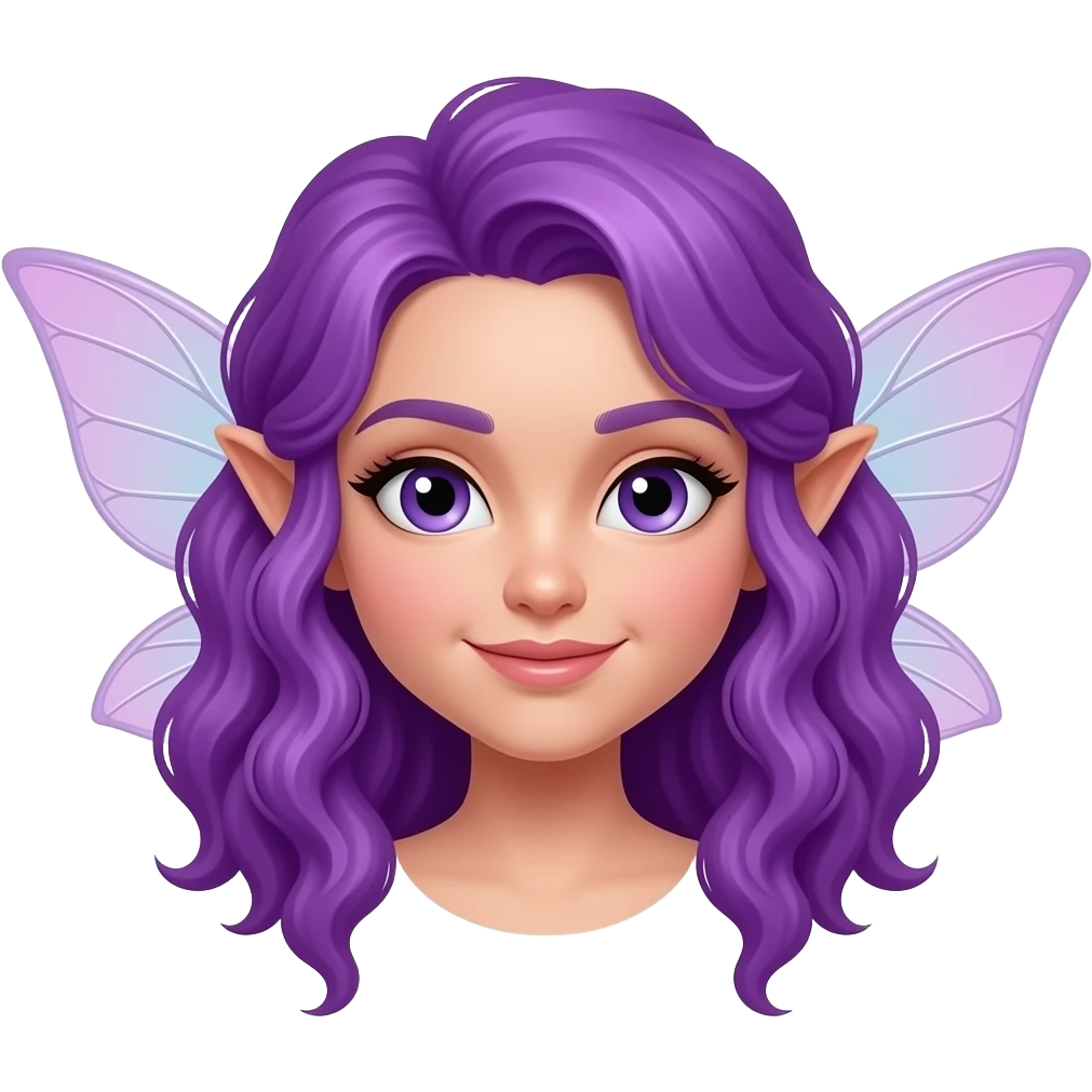 fairy face with purple very curly hair and fairy wings sticking out emoji