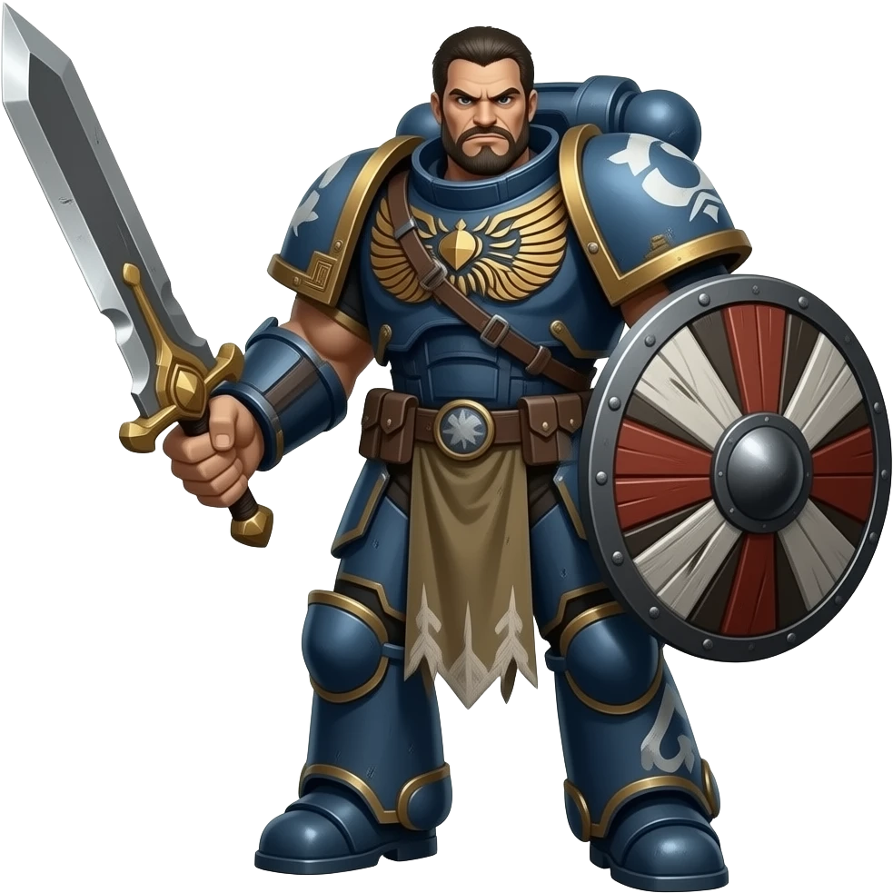 a  fearful gaint standing dressed in war outfit holding a huge sword and big shield in this hand emoji