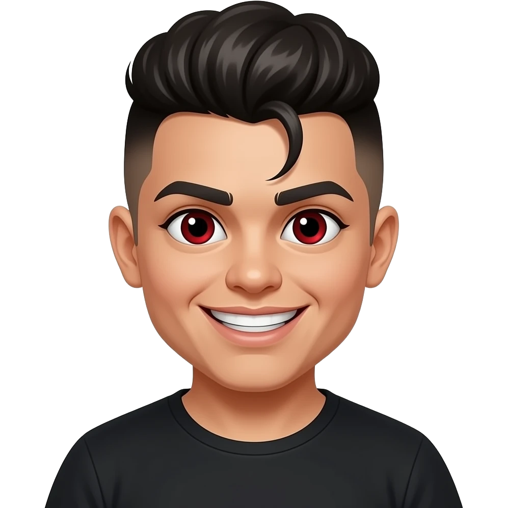 Mexican girl with a fat neck and has a hightop  with light red eyes and a creepy wide big smile smile and also a black shirt with one strand of hair in the middle of her head hanging up emoji