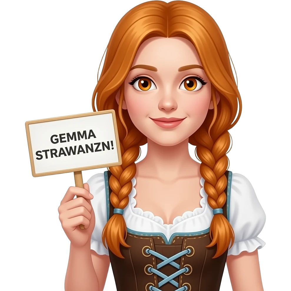 sexy girl with overlong ginger hair in braids and ginger eyes wearing a dirndl holding a GEMMA STRAWANZN! sign emoji