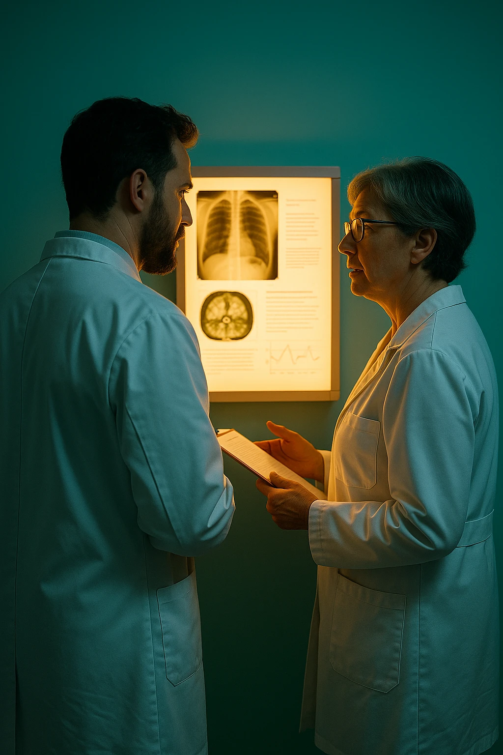 Realistic, detailed photo taken from behind of two doctors—a bearded man and a middle-aged woman—standing and facing each other as they discuss a diagnosis in front of a medical chart. The scene is illuminated by a yellowish, orange, warm light that softly envelops the doctors. The entire room is bathed in a single green-blue color, creating a cohesive and modern atmosphere. Both doctors wear white coats, and their body language suggests a serious, professional conversation. Shot with a Canon EOS R5, with high detail and natural depth of field. emoji