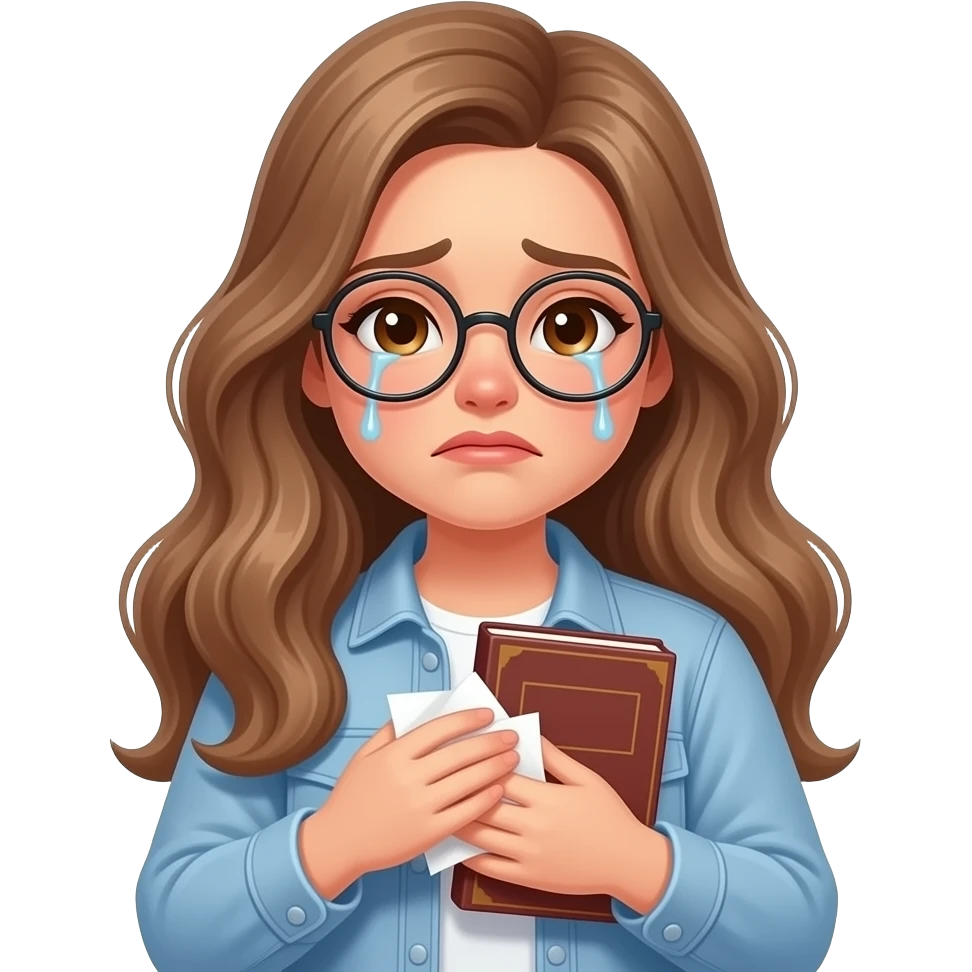 detailed emoji illustration of a curvy woman with long light brown wavy hair, light brown eyes and round glasses crying while holding a closed book to her chest and a tissu on her hands, emotional ending vibe, cute emoji style emoji