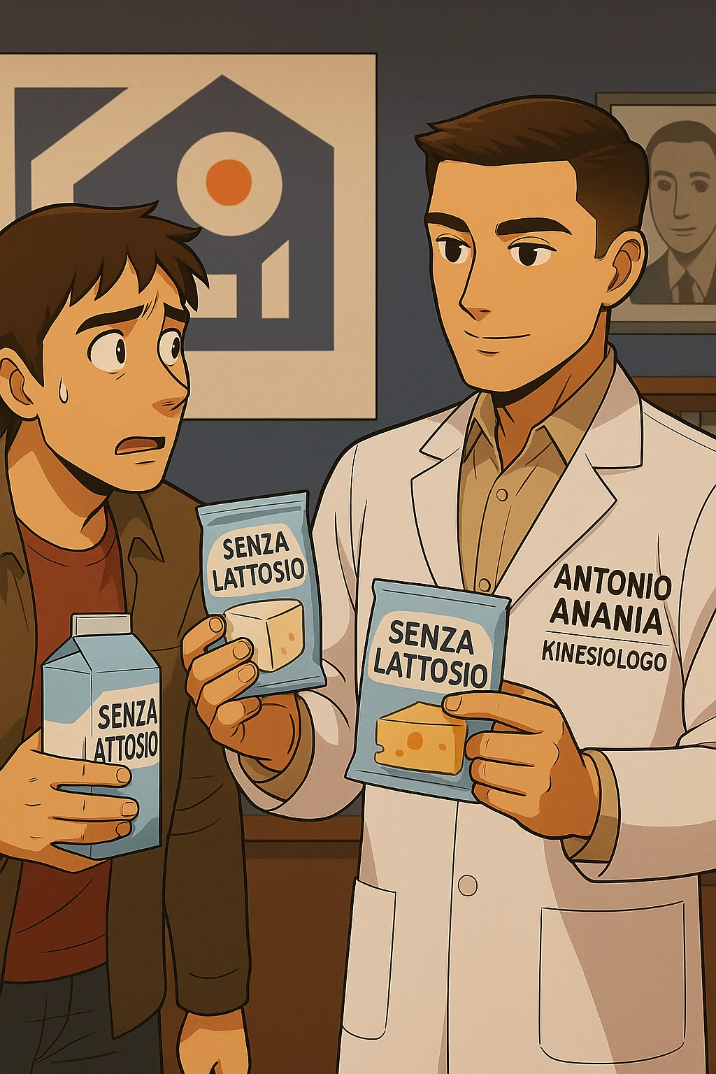 fai un webtoon manga a colori con questo stile, in cui un uomo ASCOLTA Il kinesiologo con il camice bianco (fagli anche la scritta "ANTONIO ANANIA" SUL CAMICE, IL KINESIOLOGO SPIEGA ALL'UOMO UNA MOSTRANDO VARI PRODOTTI DA SUPERMERCATO CONFEZIONATI (TIPO SCATOLA DI LATTE, MOZZARELLE CONFEZIONATE, FORMAGGIO CONFEZIONATO), OGNI CONFEZIONE HA LA SCRITTA "SENZA LATTOSIO SULL'ETICHETTA. L'UOMO OSSERVA IL KINESIOLOGO CON ESPRESSIONE CONFUSA IN VOLTO. non fare i fumetti però, fai solo in modo che sembri stiano parlando emoji