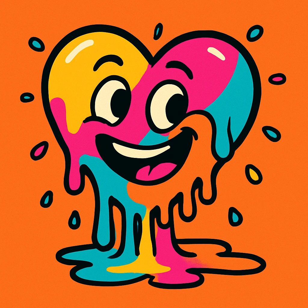 a melting heart, vibrant cartoon style, colorful, dynamic, expressive emoji