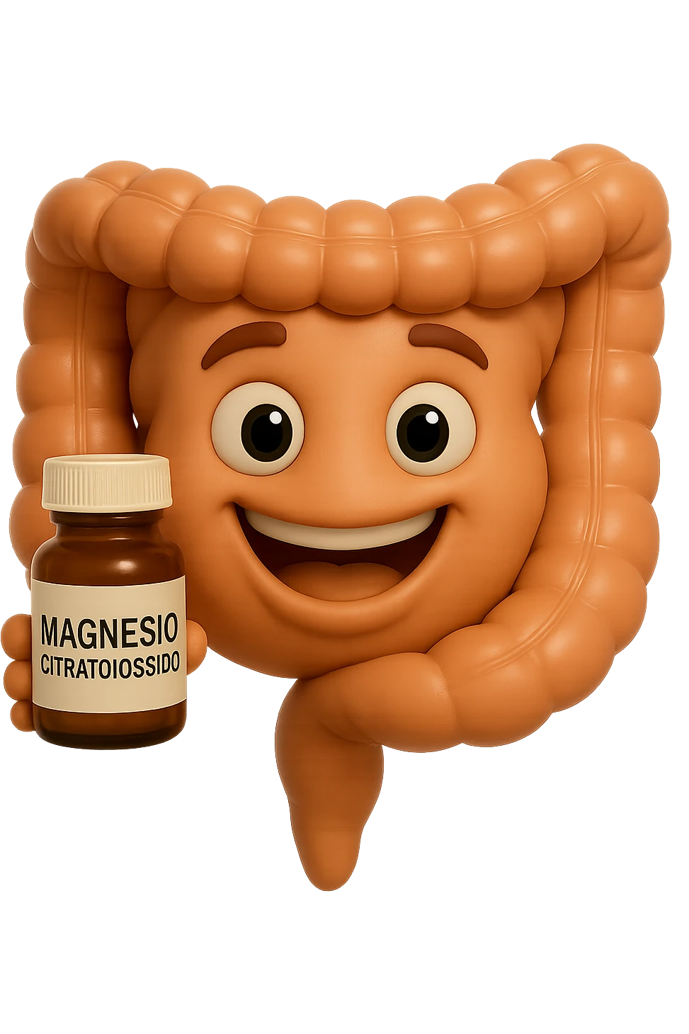 emoji stile iphone 3d di intestino umano felice che tiene in mano una boccetta di magnesio con la scritta "MAGNESIO CITRATO/OSSIDO" SULL'ETICHETTA , iperrealistico 4k emoji