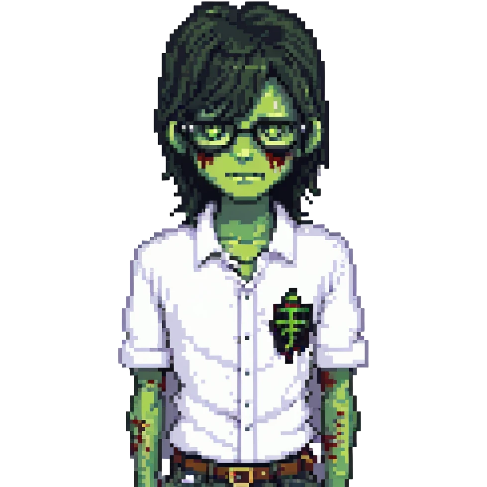 zombie boy with long black emo hair, glasses and white shirt, pixel art style emoji