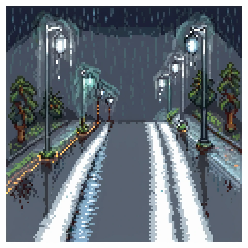 a rainy road at night with puddles, falling rain, and streetlights in pixel art style emoji