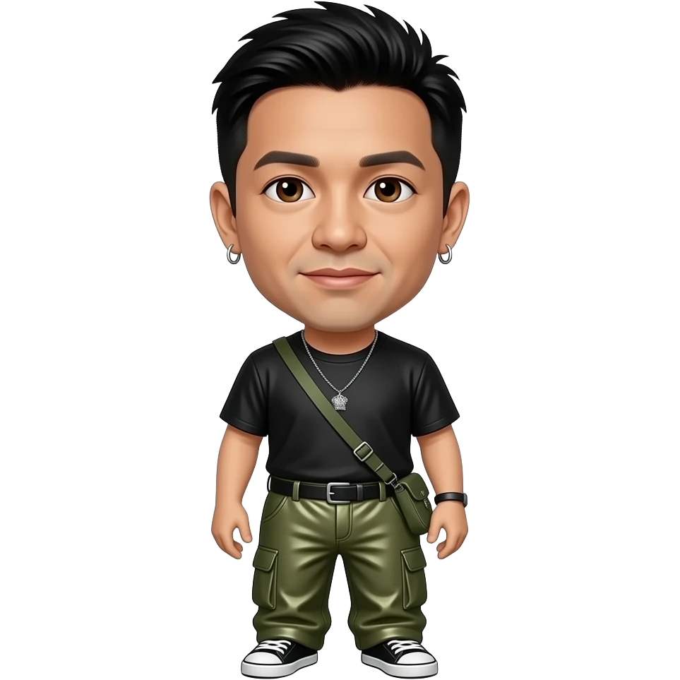 Mike Shinoda with brown eyes, black hair, black metallic T-shirt, olive green metallic baggy pants, necklace and earrings emoji
