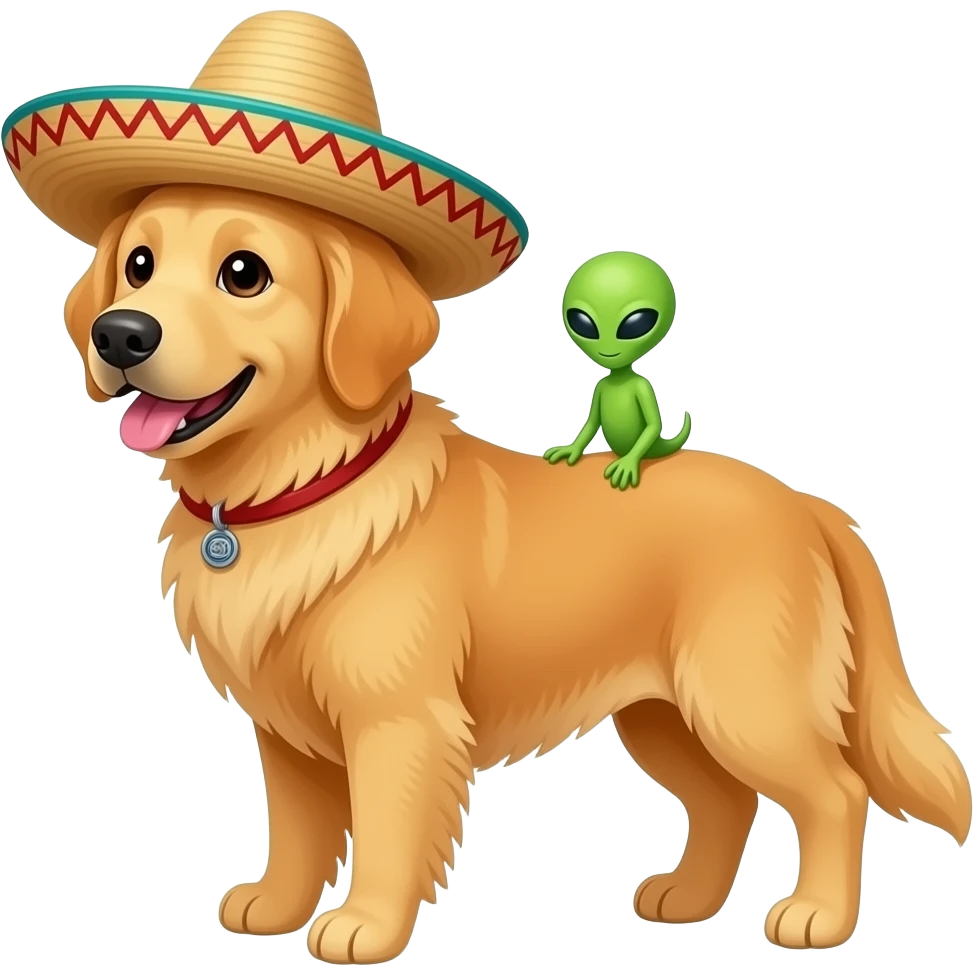 golden retriever with a sombrero and a small alien over his shoulder emoji