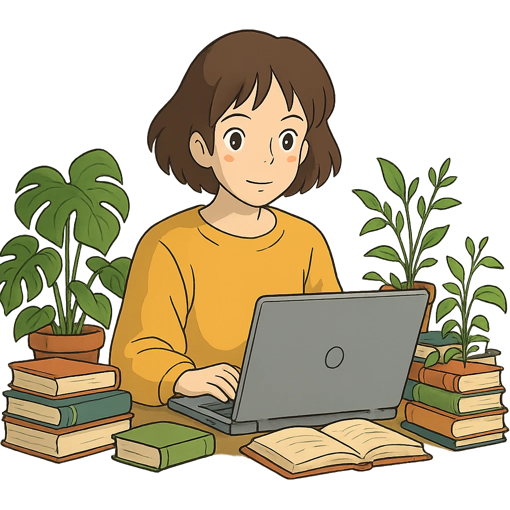 chica con computadora rodeada de libros y plantas emoji