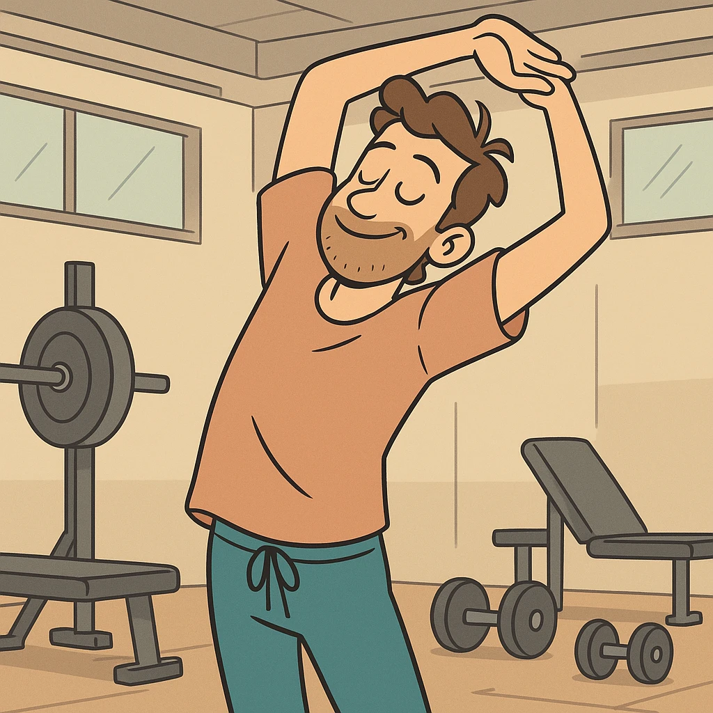relaxed man stretching in gym, clean style, simple and neat emoji