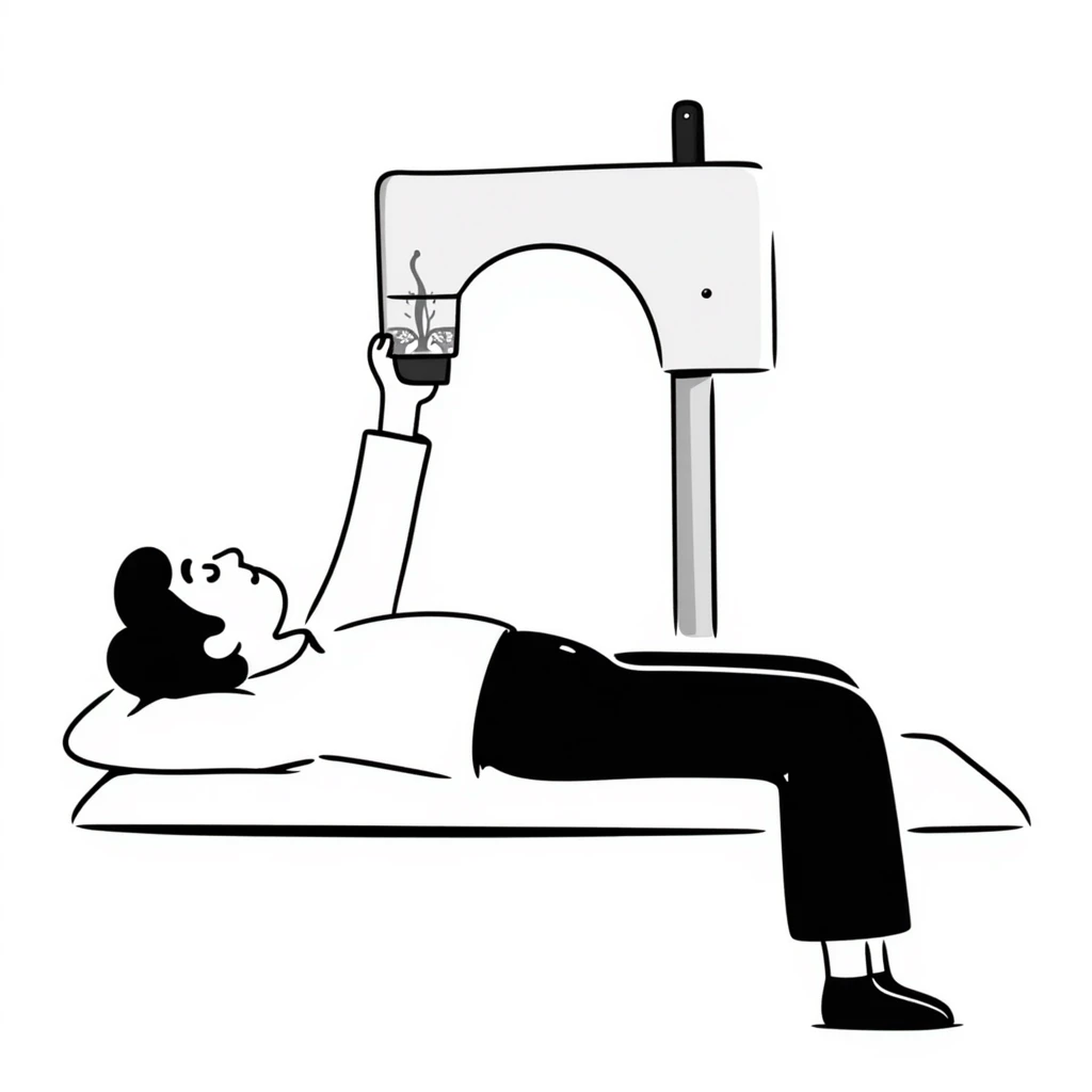 Detailed illustration of DEXA scan procedure with male patient lying on table, bone density measurement machine with scanning arm positioned over patient's body emoji
