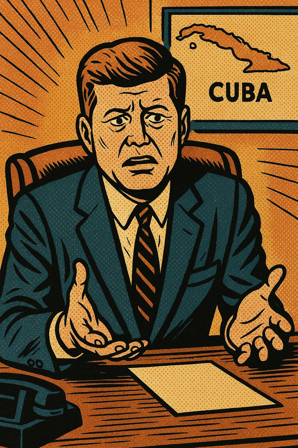 President Kennedy sitting in his office behind his desk with a worrying look on his face and his hands out trying to make a decision.  There is a map of cuba in the background emoji
