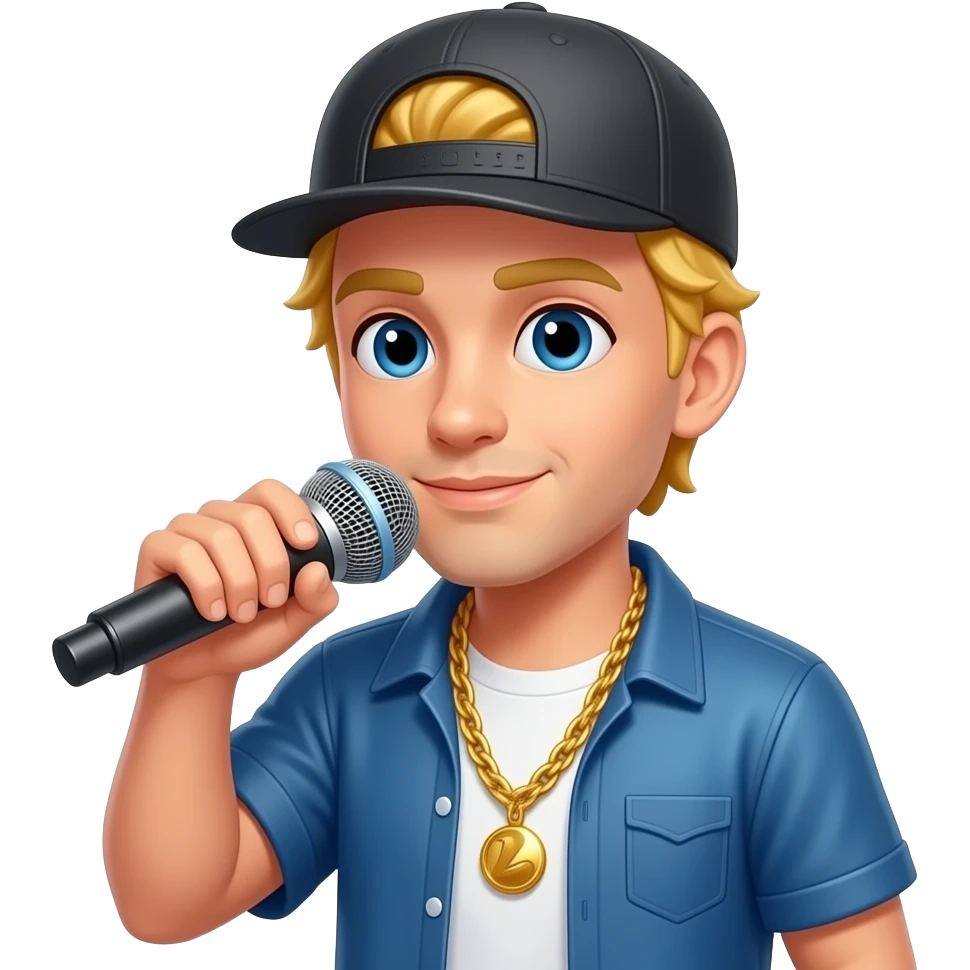 blond rapper holding a mic, wearing a cap and gold chain necklace emoji