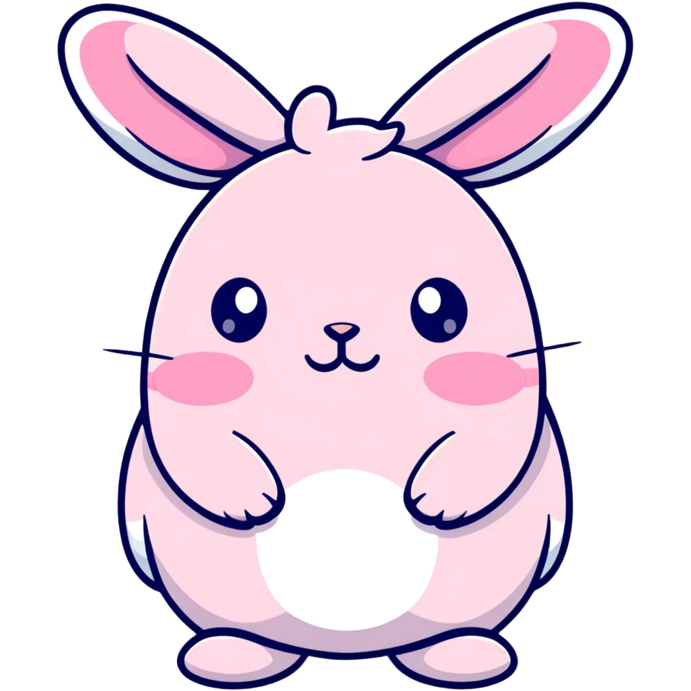 A fat bunny character in Sanrio style like Hello Kitty, large head with big round eyes, blushing cheeks, small mouth, minimal facial features, tiny spikes, pastel pink and blue colors, clean bold outlines, rounded shapes emoji