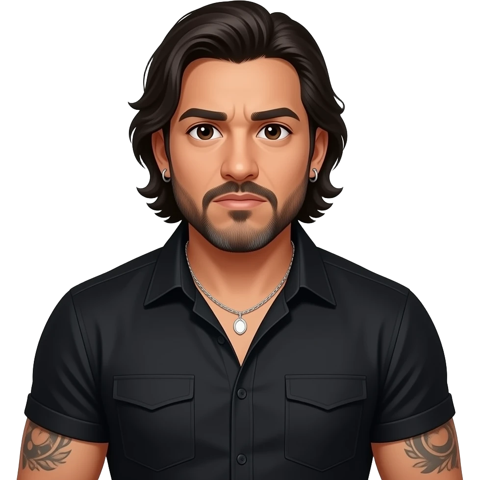 handsome, manly Latino podcast host with black colored eyes wearing black with silver jewelry, with medium length hair, a very long, lightly graying beard and tattoos, his ear pierced and right nostril as well, very confused look on his face emoji