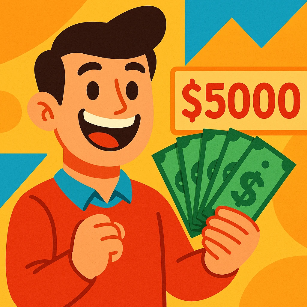 a cheerful guy with dollar bills and a big smile, showing off $5000, cartoon style emoji