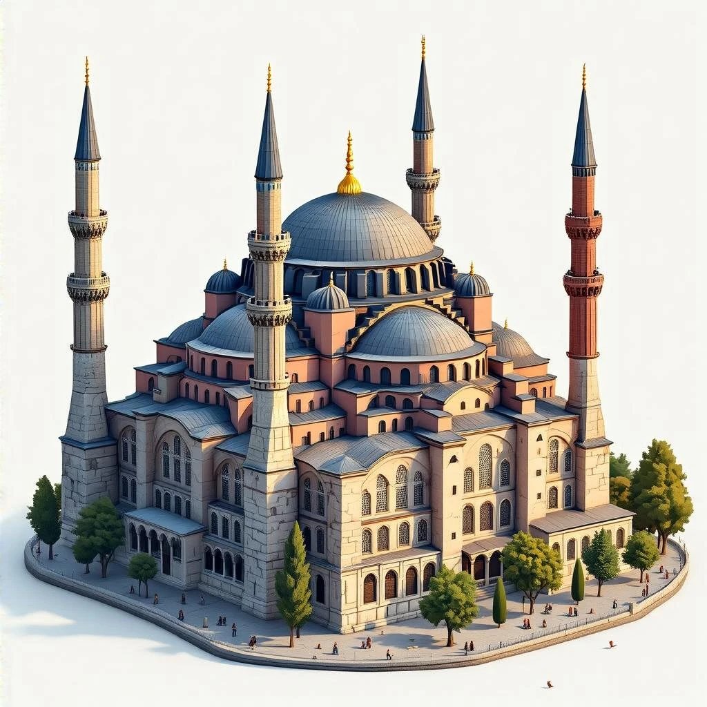 Isometric illustration of Istanbul, featuring photorealistic of Hagia Sophia in Istanbul central dome with four minarets, subtle stone textures, soft lighting and shadows, semi-realistic and stylized miniature look, transparent background. emoji
