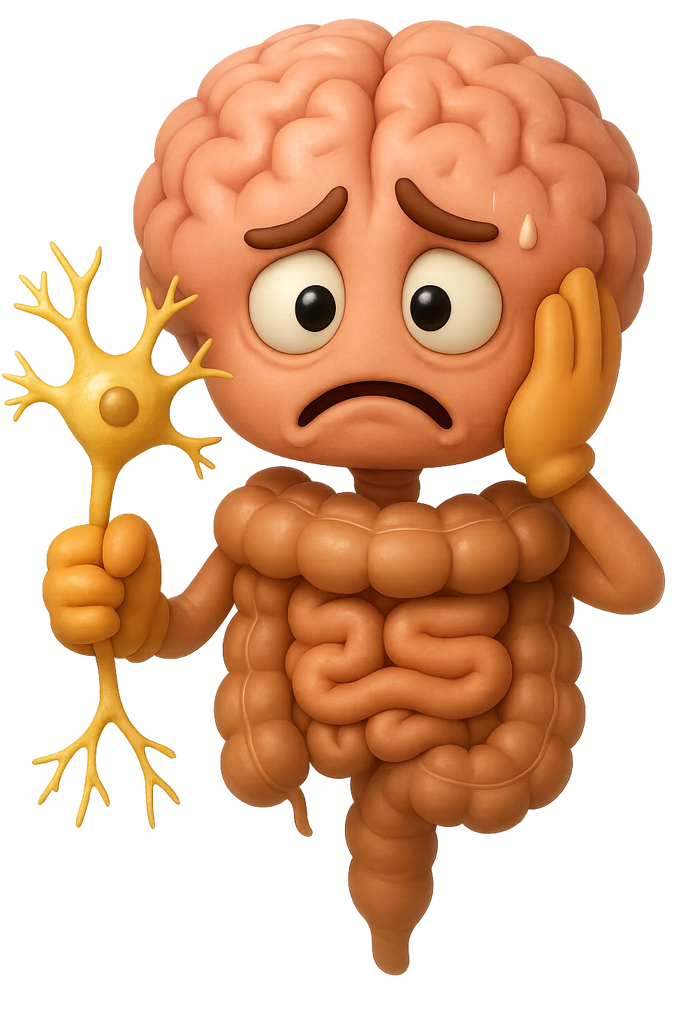 EMOJI STILE IPHONE DI UN INTESTINO collegato verticalmente ad un cervello mentre tiene in mano un neurone, espressione stressata, IPERREALISTICO 4K emoji