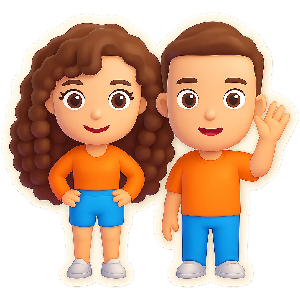 3D cartoon male and female characters with white skin and brown hair; male has short fade haircut, female has long natural curls. Both characters are standing side by side, waving and smiling in a Bitmoji-like style suitable for emoji use. Transparent background. emoji