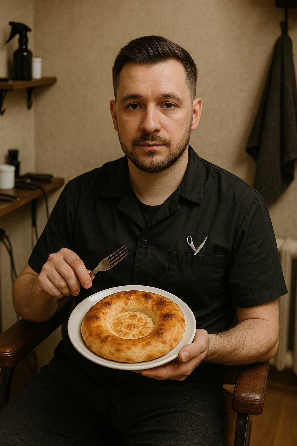 sartarosh xonada shunchaki tarelka v vilka ushlab utirsin tarelkada esa faqat uzbekcha non bulsin kayfiyati xam urtacha bulsin xursan bob ketmasin emoji
