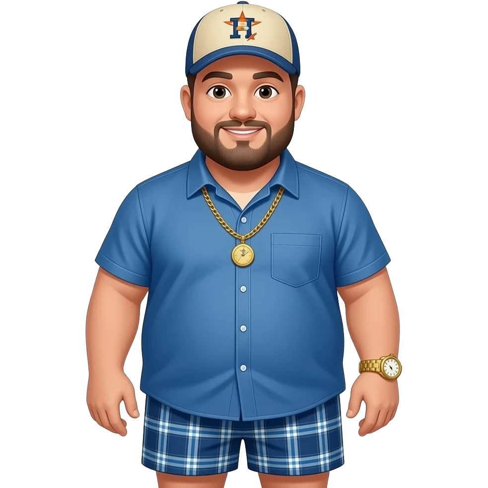 Chubby man with apricot skin tone with lightly shaved black beard wearing a blue button down short sleeve shirt with matching shorts with square pattern designs wearing an all beige color Huston Astros logo baseball cap wearing a gold tennis necklace and a gold wrist watch pointing up emoji