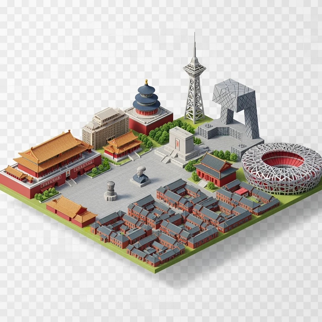 Isometric miniature of Beijing Forbidden City, Tiananmen Square, CCTV Headquarters, Temple of Heaven, Bird’s Nest Stadium and crowded hutong alleys, apartment blocks, 3D miniature effect and Tilt Shift effect, no cartoonish look, transparent background. emoji