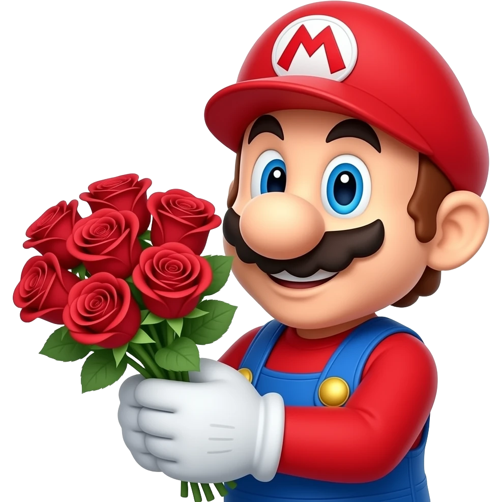 Mario holding flowers with love emoji