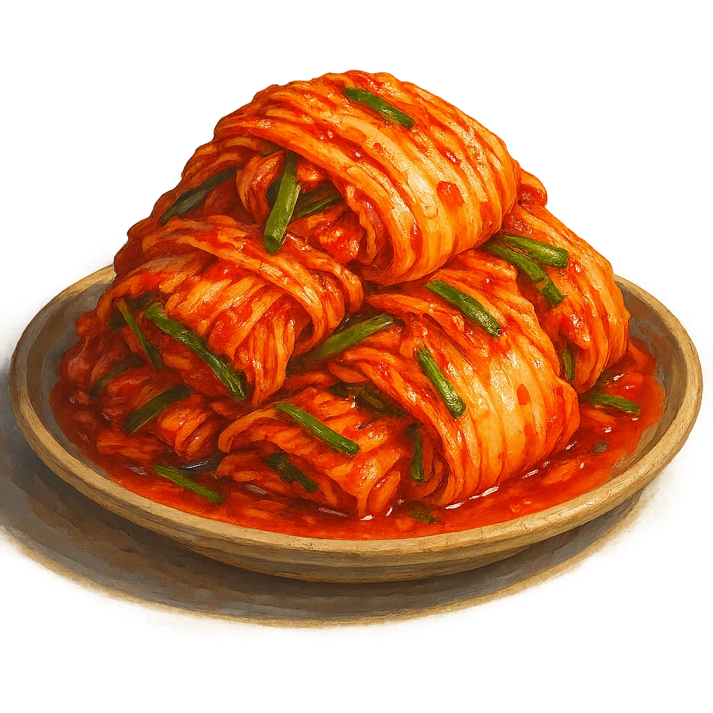 В слега рисованном, но при этом ярком и объемном стиле сгенерируй картинку сочного корейского кимчи, профессионально выставленный свет, который подчеркивает объем, прозрачный фон emoji