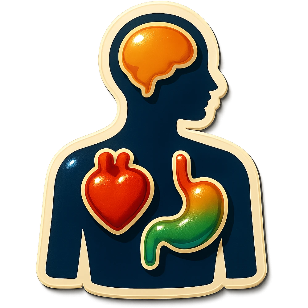 human silhouette with highlighted organs heart stomach head, clear outlines, strong shadows and highlights, psychosomatics and psychology theme, fun and not too complex emoji
