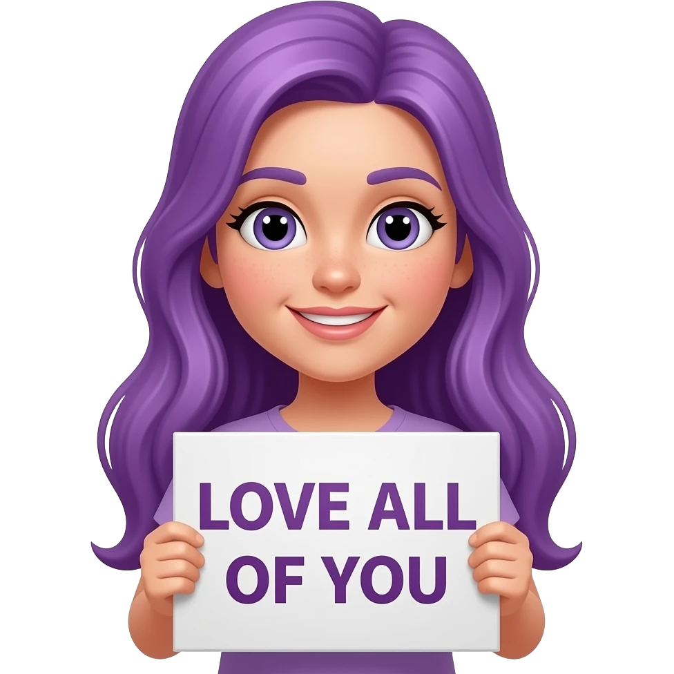 girl with long purple hair holding a -MASKTOK- LOVE ALL OF YOUsign emoji