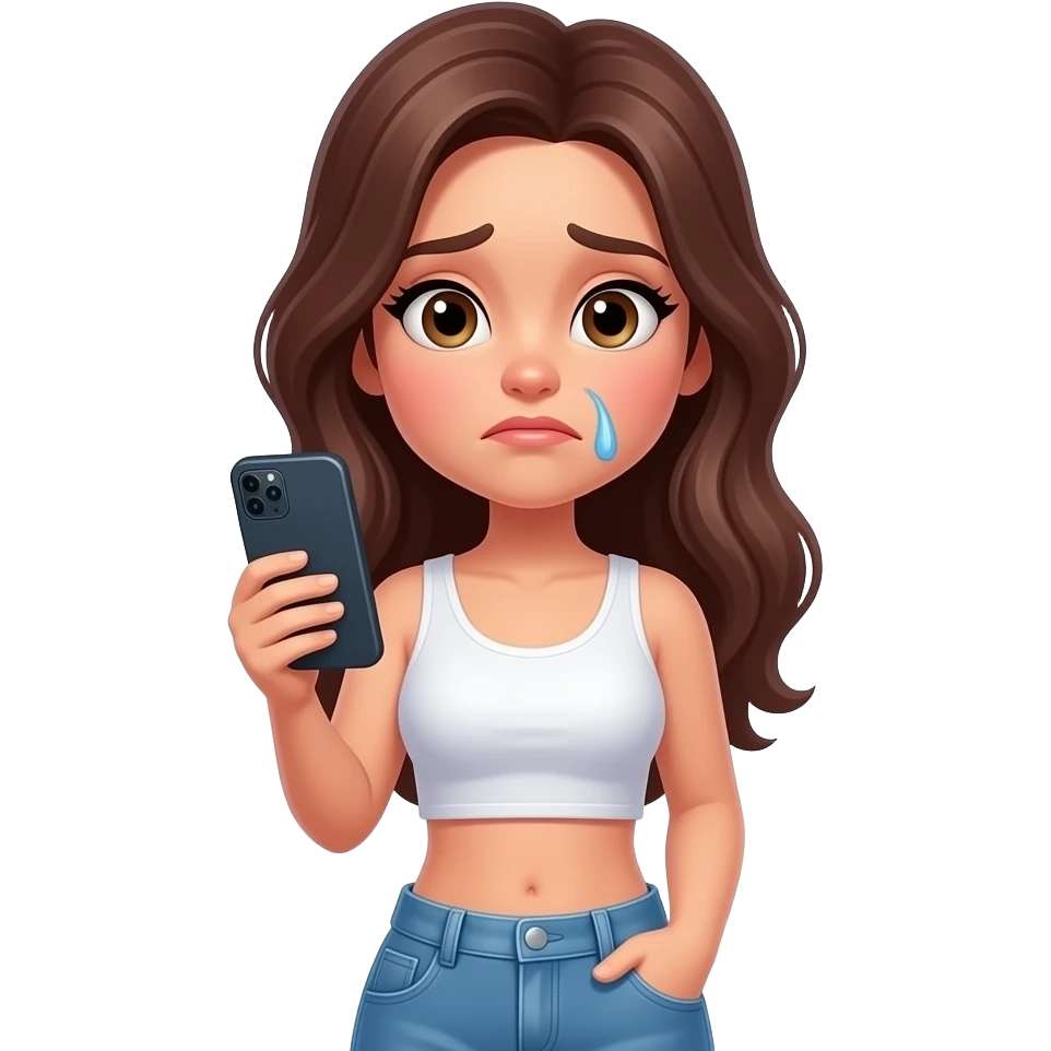 una chica viendo a una influencer  feliz en su celular con un buen cuerpo  y maquillaje,la chica esta triste y a su  alrededor hay app como  tiktok ,instagram y otras que dice por que yo no soy asi emoji