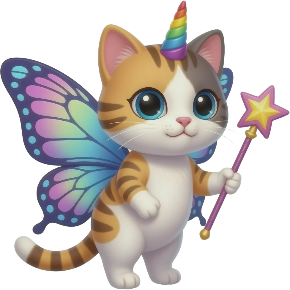 cute cat with butterfly-like fairy wings on the back, with rainbow unicorn horn,  female eyes, holding a fairy wand, emoji