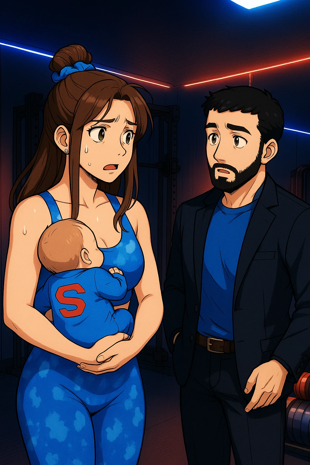 ispirati a questo stile di disegno e fai questa immagine in versione manga/webtoon a colori, il manga mostra la donna preoccupata con un neonato in braccio con una tutina azzurra e la scritta "S" sulla schiena, la donna gli sta facendo una domanda all'uomo, ma non fare i fumetti, fai come se stessero parlando emoji