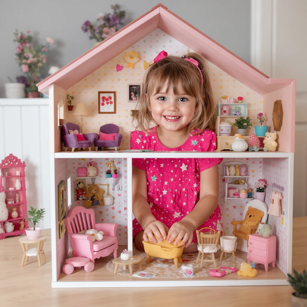 smiling girl arranging furniture in doll house emoji