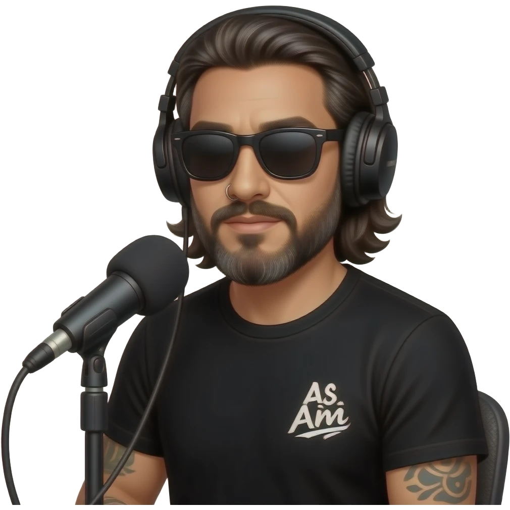 A podcast host wearing headphones and sitting in front of a microphone who is a handsome Latino man with medium length hair and pretty long beard with some grays and tattoos with a right nose hoop and a left earring hoop wearing all black and black sunglasses with a logo that says as I am emoji