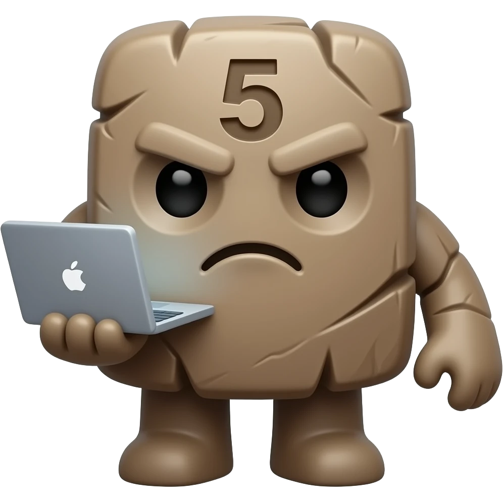 A cute, minimal flat-design emoji of a Golem — a humanoid figure made of clay or stone, with the number '5' inscribed on its forehead. Blocky, sturdy body. Holding a tiny laptop in one hand. Neutral or slightly determined expression. Muted earthy tones — clay brown, stone grey. emoji