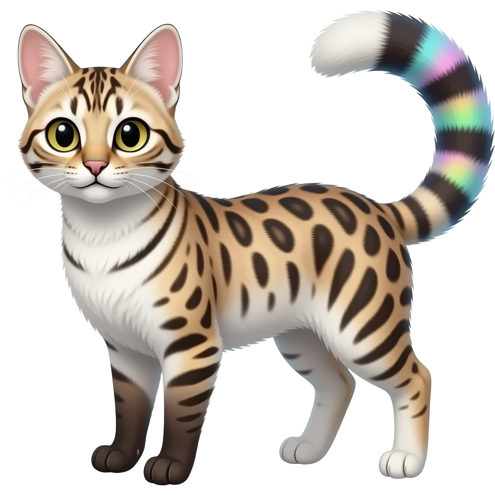 White soft silky smooth vernid-Civet-Genet-Bengal-Cat-Bobcat-Caracal-Serval-animal-hybrid-mix fantasy creature LiLaiRa Kamirah Falvie whiskers paws full body with colorful gradient iridescent patterns fur markings and with a long thin tufted tail feline emoji