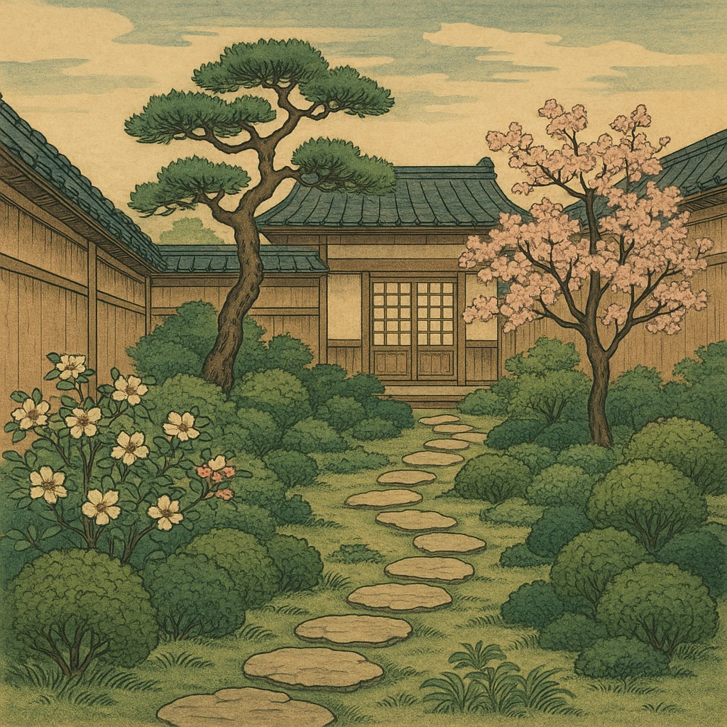 ukiyo-e style walled garden, Japanese woodblock inspiration emoji