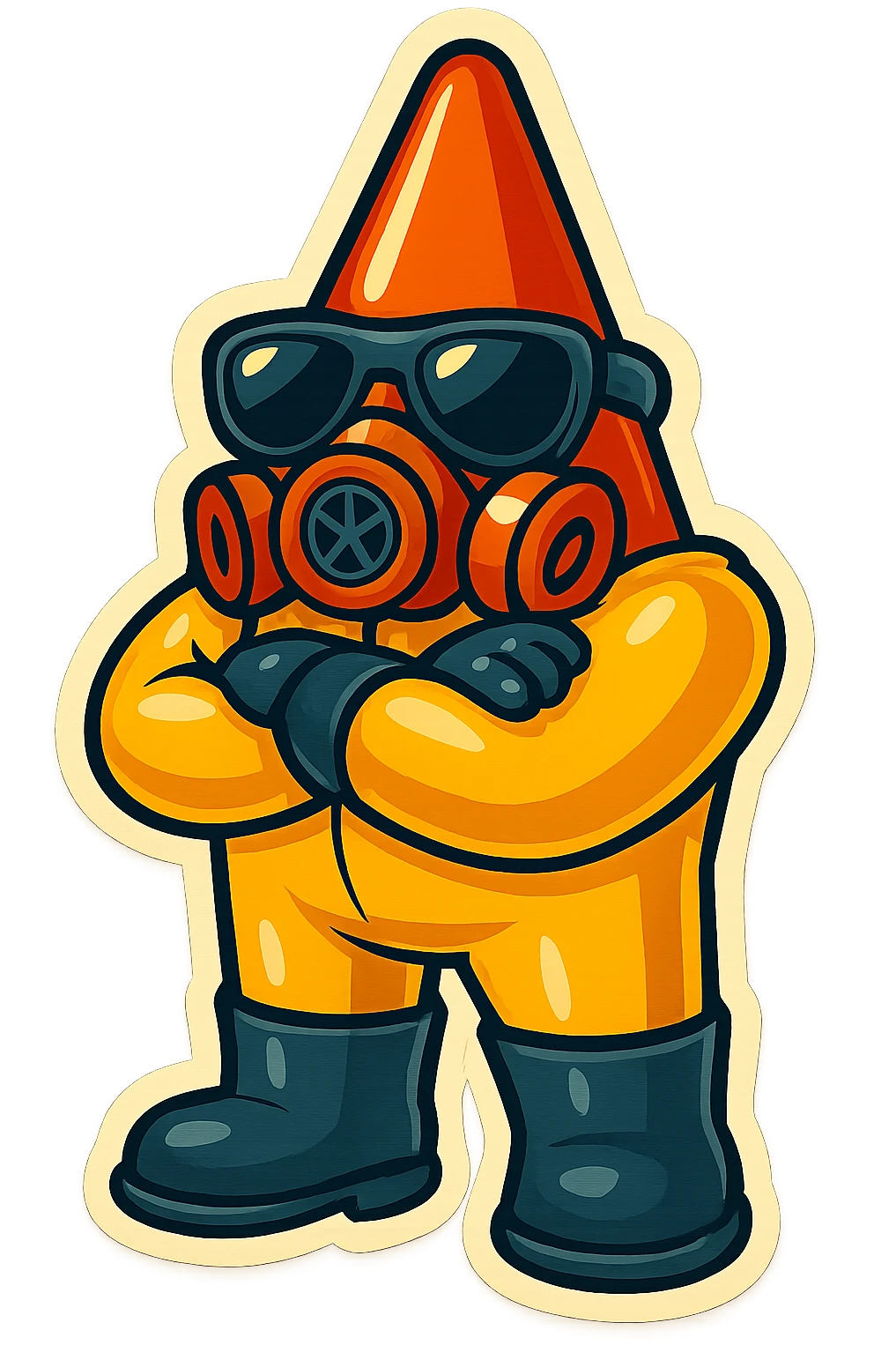 This character in retro sticker style, using a megaphone to shout orders, vibrant and clean with transparent background. emoji