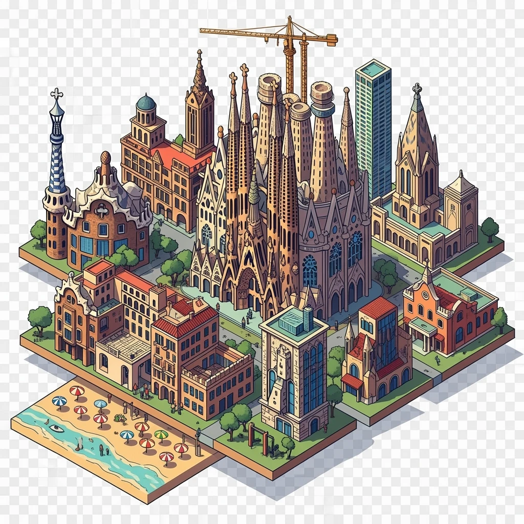 Isometric illustration of Barcelona, featuring Sagrada Familia with intricate spires, highly detailed in semi-realistic style with sharp outlines, balanced between stylized and realistic, 3D miniature effect, transparent background. emoji