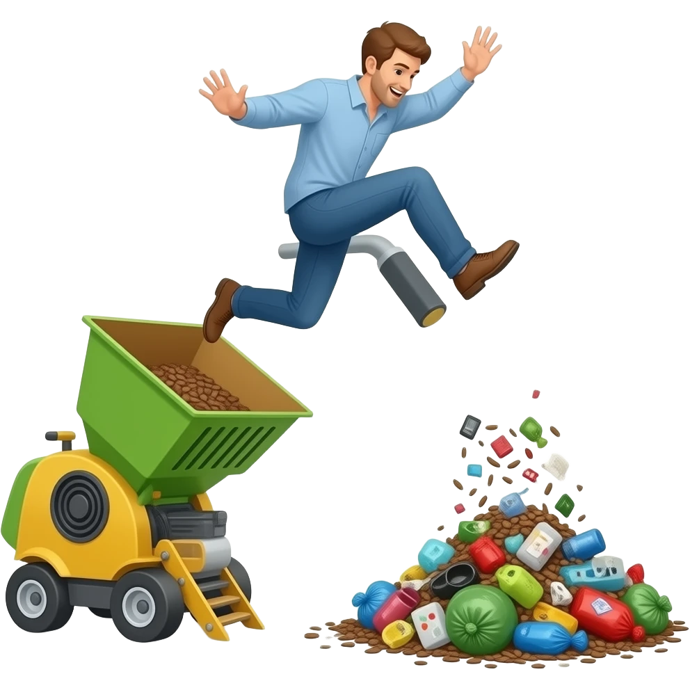 Person jumping into wood chipper amd a pile of trash on the end emoji