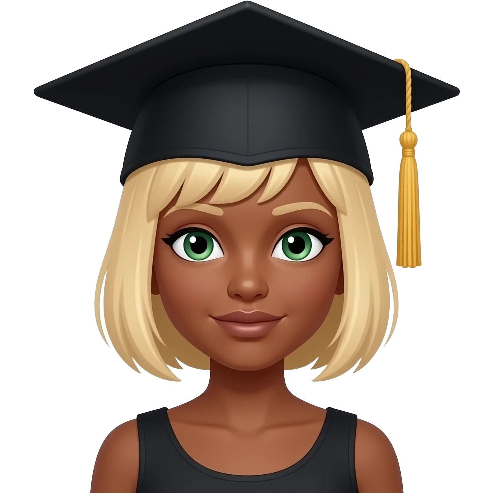 An emoji representing a brunette woman with green eyes and blond bobcut hair. She wears a black graduation cap on her head, symbolizing academic success. Her expression is soft and proud. emoji